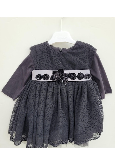 Zekids Kız Bebek Çocuk Uzun Kol Çiçek Detaylı Abiye Elbise-12335-siyah Siyah