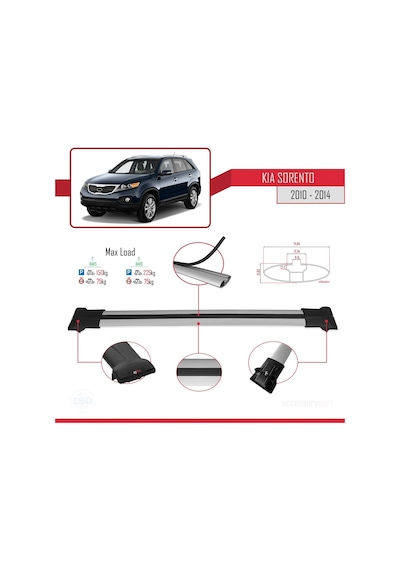 Kia Sorento 2010-2014 Arası İle Uyumlu Fly Model Ara Atkı Tavan Barı Gri