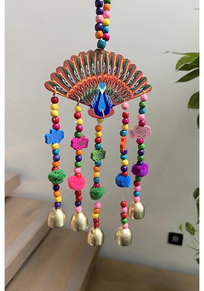 Tavuskuşu Detaylı Renkli Ve Zilli Duvar Dekoru/rüzgar Çanı/feng Shui Bereket Zili