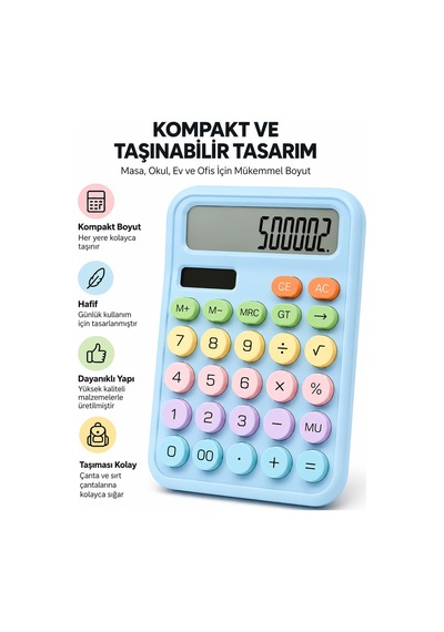 Lcd Ekran Hesap Makinesi 12 Haneli Hesap Makinesi Pastel Mavi