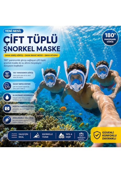 Hymark Çift Tüplü Şnorkel Maskesi S-m Beden Tam Kuru Dalış Yüzme Maskesi Full Face Dalış Gözlüğü Beyaz - Mavi