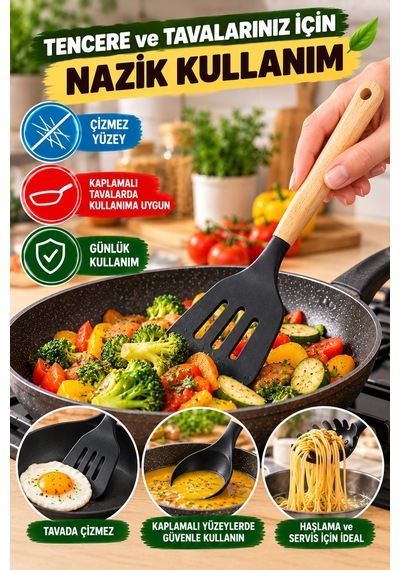 5'li Mutfak Servis Seti Ahşap Saplı 31 Cm Kepçe Kevgir Spatula Makarna Ve Servis Kaşığı Mutfak Seti