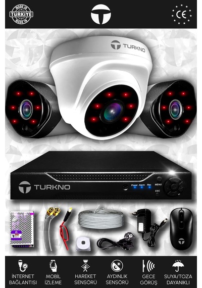 Turkno 3 Kameralı Galia 1 İç Kamera Set HDD'siz Full HD Gece Görüşlü Güvenlik Kamerası Sistemi