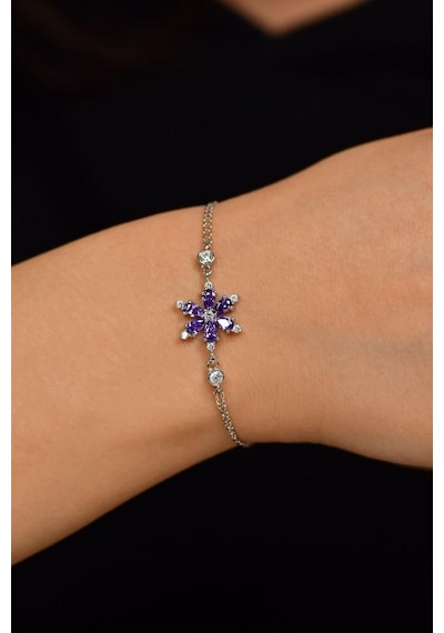 Roza Silver Ametist Taşlı Rodyum Lotus Çiçeği Gümüş Bileklik