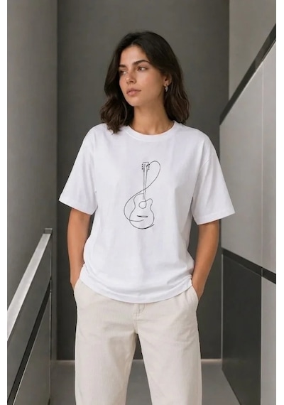 Defymoda Minimal Gitar Baskılı Tişört T-shirt Yazlık Kısa Kol Bisiklet Yaka T-shirt - Beyaz