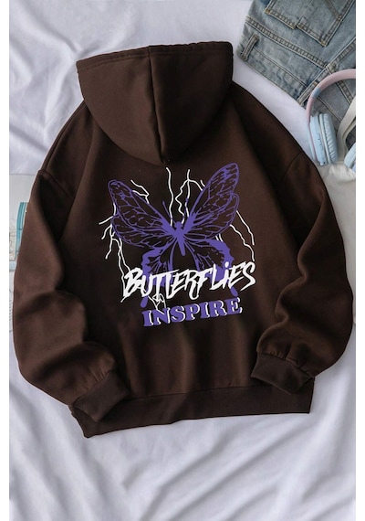 Uyguntarz Unisex Butterfly & Letter Graphic Baskılı Sweatshirt Kahverengi