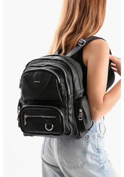 Baginn Suni Deri Kadın Sırt Çantası 38 28 Cm Mega Bag Günlük Kullanıma Uygun Çok Cepli İçi Astarlı Siyah