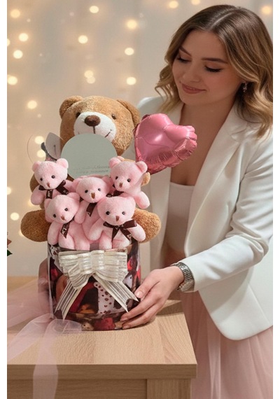 Mesajlı Ayna Ve Kalpli Kutuda Kahverengi - Pembe Delüxe Peluş Ayıcık Buketi Romantik Hediye Seti