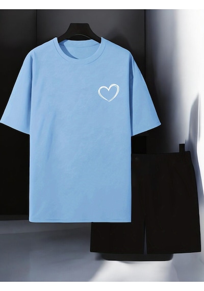 Uyguntarz Unisex Cep Kalp Baskılı Tasarım Şort Takım Bebe Mavi