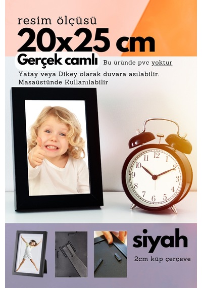 Siyah-20mm Çerçeve Camlı 20x25 Cm Fotoğraf Resim Çerçevesi Ayaklı Veya Duvara Asma Yatay-dikey 67261304