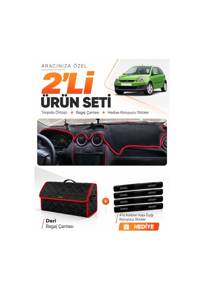 Ford Fiesta Tip 1 2002-2009 Uyumlu Torpido Örtüsü + Deri Bagaj Çantası + Sticker - Siyah Kırmızı