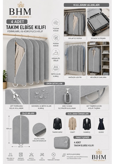 4'lü Takım Elbise Kılıfı 60x100 Cm Çift Fermuarlı Gamboç Elbise Kılıfı Kıyafet Koruyucu Toz Geçirmez Dolap Düzenleyici Gri