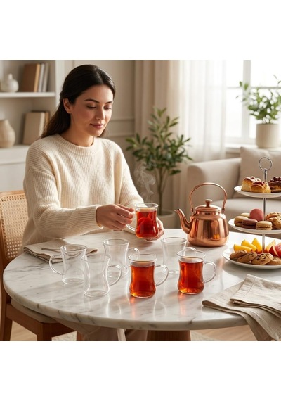 6'lı Kulplu Borosilikat Cam Çay Bardağı Seti, İnce Şeffaf Ve Tabaksız, Keyf-i Ala, Kısa, Desenli, Çizgili Ve Burgu Çizgili Model Seçenekleri Keyf-i Ala Kısa çok renkli