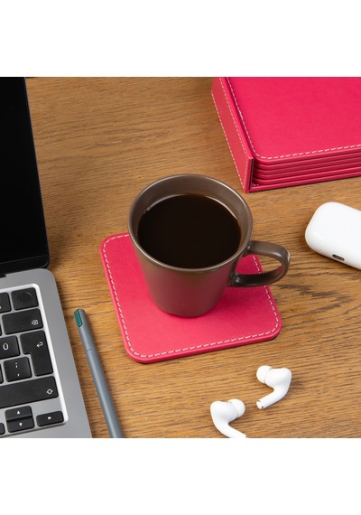 Bardak Altlığı,6 Lı Set,masaüstü Kare Cup Coaster,vegan Suni Deri,11x11 Cm.,fuşya