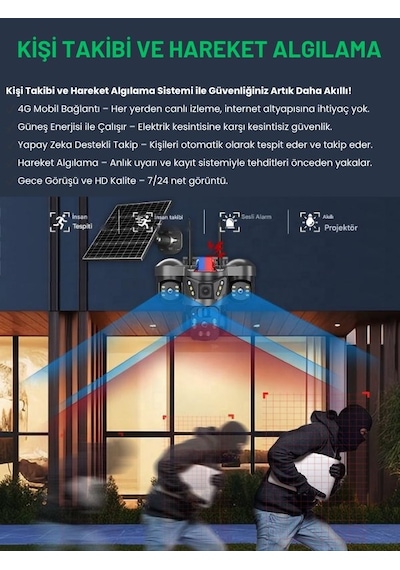 Snr 4g 3 Lensli Sım Kartlı 360 Ptz Solar Güvenlik Kamerası Güneş Panelli Gece Görüşlü Dış Mekan
