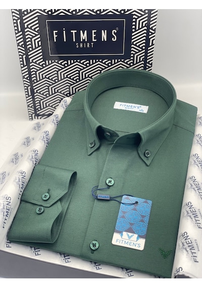 Slim Fit Uzun Kol Pamuklu Hediye Kutulu Kolay Ütülenebilir Erkek Gömlek Fs-002225 - Koyu Yeşil-2811