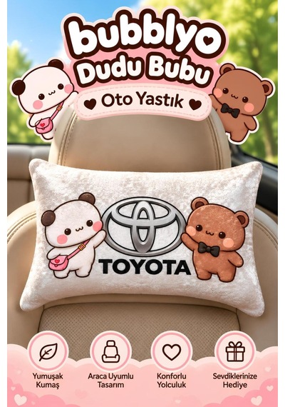 Bubblyo Toyota Temalı Dekoratif Oto Yastığı Sevimli Çift Tasarım Beyaz Beyaz