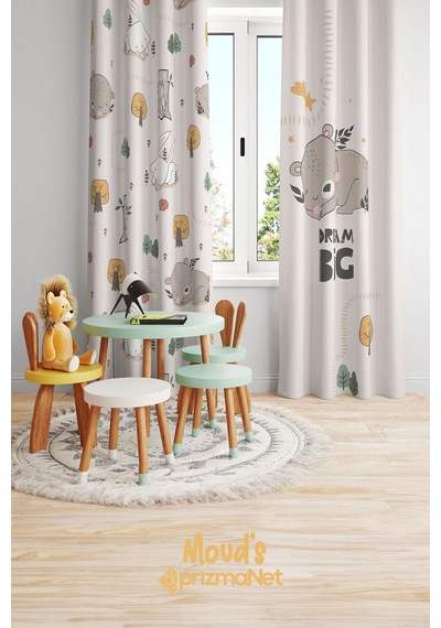 Tavşan Ve Ayıcık-2 Desenli Baskılı Çocuk Ve Bebek Odası Fon Perdesi 2 Kanat - Prd-04-2 Çok Renkli