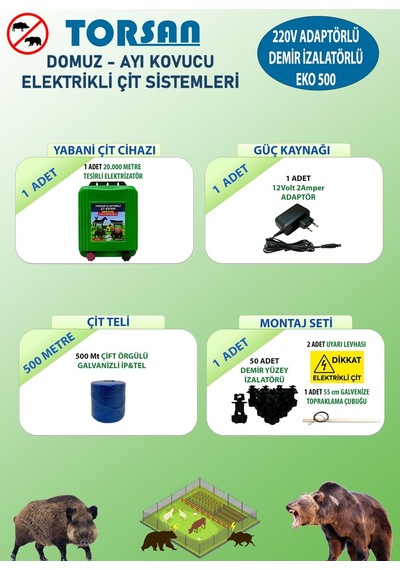Torsan 220v Adaptörlü Eko Plus 500 Elektrikli Çit Sistemi Domuz - Ayı Kovucu 500mt