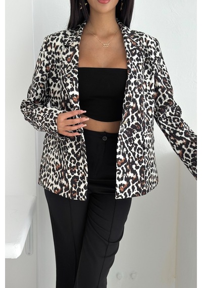Femelle Gri Leopar Desenli Blazer Ceket Vatkalı İçi Astarlı