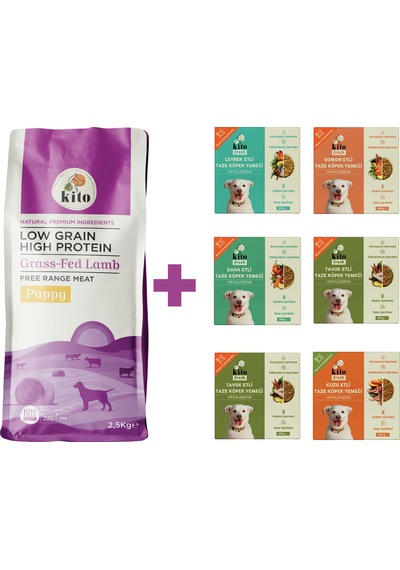 Kito Kuzu Etli Yavru Köpek Maması 2500 G + Kito Fresh Tanışma Paketi Köpek Yemeği 6'lı
