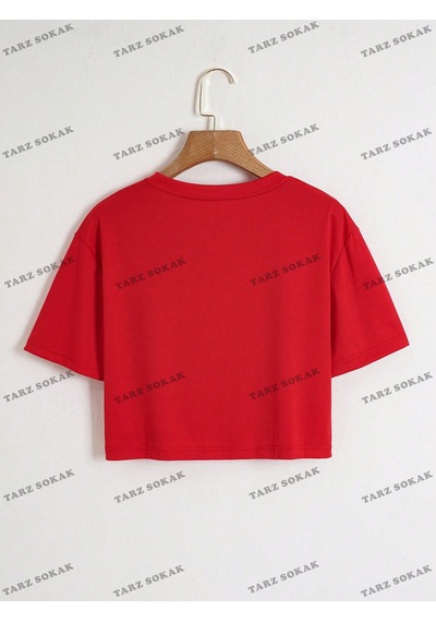 Flood Of Style Crop Ckod-232913 Kalp Desenli Kısa Kırmızı