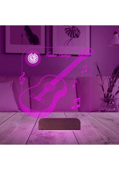Luvivia Klasik Gitar Müzik Nota Gitarist Kişiye Özel Metal Saatli 3d Lamba - Masa Gece Lambası Şeffaf