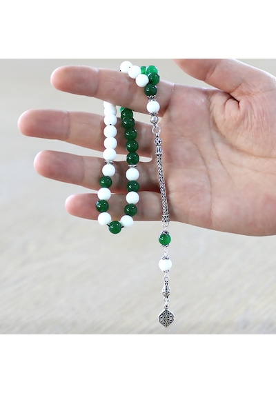 Tesbihname 925 Ayar Gümüş Püsküllü Küre Kesim Yeşil Beyaz Jade Doğaltaş Taraftar Tesbih Çok Renkli