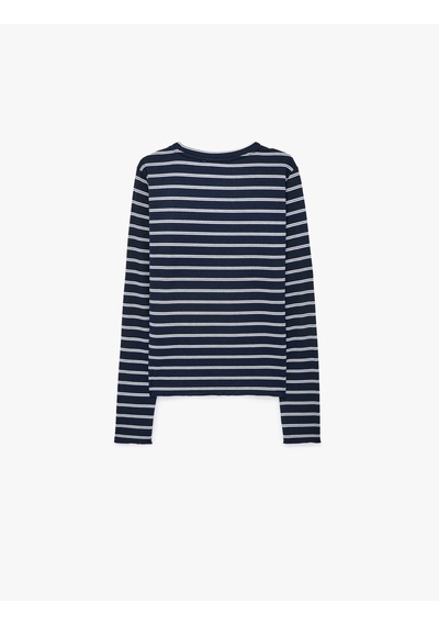 Koton Slim Fit Bisiklet Yaka Uzun Kollu Çizgili Tişört Lacivert Çizgili 7wak80017pk