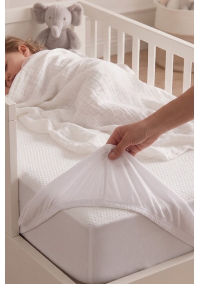 Babydry Bambu Desenli Oeko-tex Sertifikalı Sıvı Geçirmez Bebek Alezi - Fitted Yumuşak Dokulu Bebek Yatak Koruyucu Beyaz
