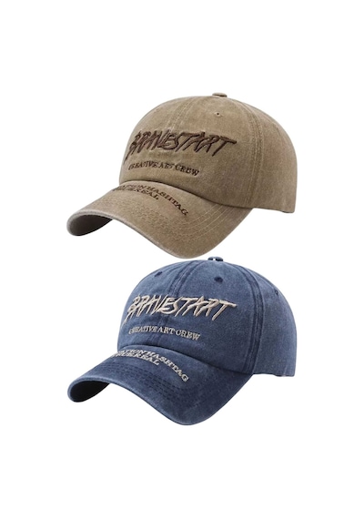 Tezzgelsin Unisex Eskitme Bravestart Nakışlı Ayarlanabilir Beyzbol Kep Şapka 2'li Set Camel - Lacivert