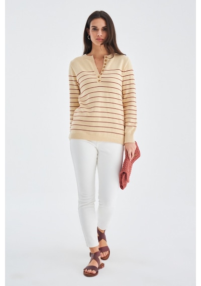 Peraluna Beluga Pullover %100 Pamuk Yazlık Kadın Triko Kazak Koyu Krem/tarçın-koyu Krem Koyu Krem