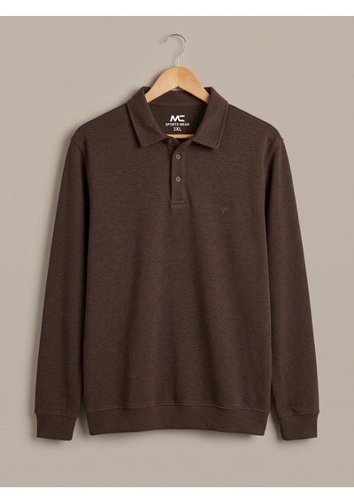 Maccali Erkek Kahverengi Büyük Beden Polo Yaka Battal Sweatshirt
