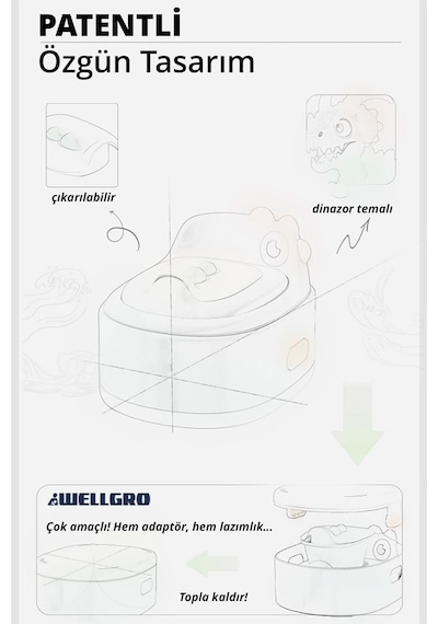 Wellgro Dino 2'si 1 Arada Bebek Lazımlık ve Tuvalet Adaptörü - Yeşil