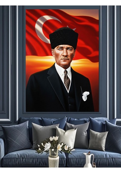 Atatürk Portresi Bayrak Kırmızı Dekoratif Kanvas - Mdf Ahşap Tablo