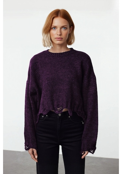 Ersefa Kadın Casual Crop Oversize Bisiklet Yaka Triko Kazak Düşük Kol Ak Mor