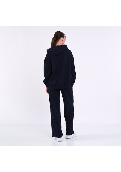 Mmetalic Kadın Lacivert Normal Kalıp Basic Beli Lastikli Kapüşonlu Oversize Mevsimlik Alt Üst Eşofman Takımı
