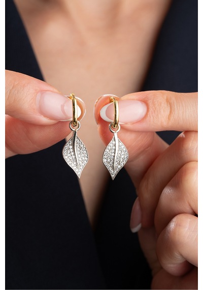 Çekirdekjewelry Işıklı Hediye Kutulu 925 Gümüş Gümüş Yaprak Tasarım Küpe Gri