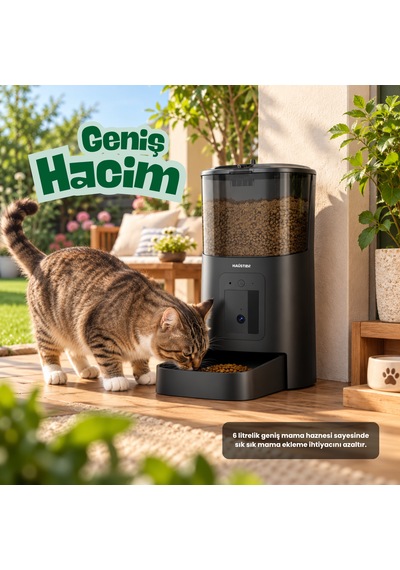 Haustier Pp003 Pro Siyah Kameralı 1080p Fhd Gece Görüş Akıllı Otomatik Kedi Mama Kabı, Tuya App-wifi Uzaktan Kontrol, Sesle Çağırma, 2.4ghz-5ghz, 6lt Hazne, Metal Kase