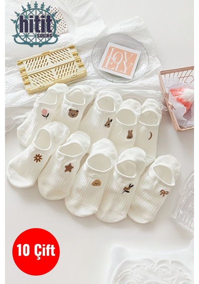 Hitit Socks Kadın 10 Çift Premium Çiçek Ve Hayvan Desenli Görünmez Babet Çorap Şeker Beyazı beyaz