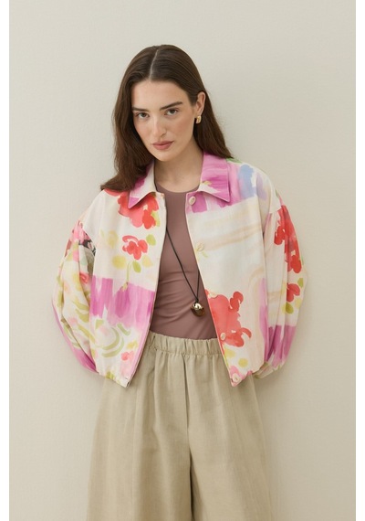 Molene Ekru Floral Tuval Desen Keten Bomber Ceket