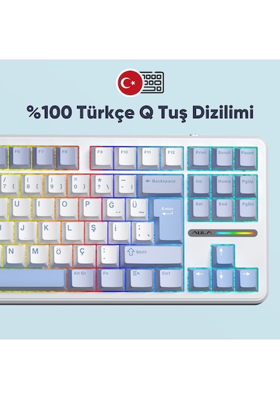 Aula F87 Pro Mekanik Rgb Tkl Graywood V4 Switch Kablosuz Makrolu Hot Swap Türkçe Q Klavye Buz Mavisi
