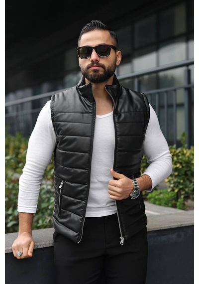 Basic Slim Fit Deri Yelek Siyah