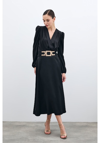 Sateen Bel Aksesuarlı Saten Krep Etek - Siyah-135688 Siyah