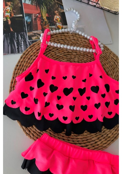 Minigimin Cicileri Kalp Desenli Fırfırlı Kız Çocuk Bikini Takımı - Fuşya