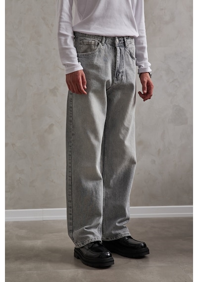 Erkek Ekstra Baggy Jean Pantolon Gri Melanj