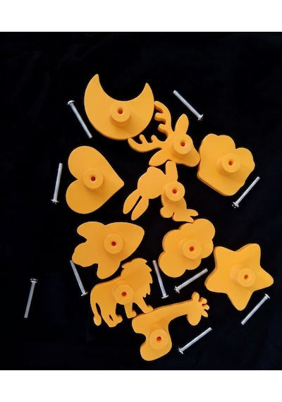 Sarı 10'lu Çocuk Odası Dolap Çekmece Kulp Seti -karma Figürlü Mobilya Kulpu 3 Cm Kulp Vidası Dahil
