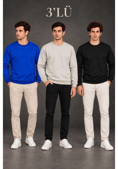 Erkek 3'lü Bisiklet Yaka İçi Şardonlu 2 İplik Düz Uzun Kollu Regular Fit Sweatshirt -mavi - Gri - Siyah Çok Renkli