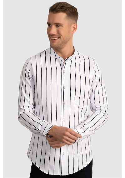 Tudors Slim Fit Dar Kesim Çizgili Hakim Yaka Poplin Oxford Gömlek-23520 Beyaz