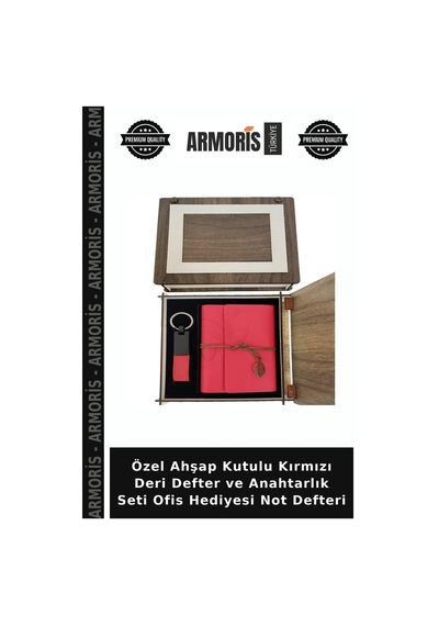 Özel Ahşap Kutulu Kırmızı Deri Defter Ve Anahtarlık Seti Ofis Hediyesi Not Defteri Çok Renkli